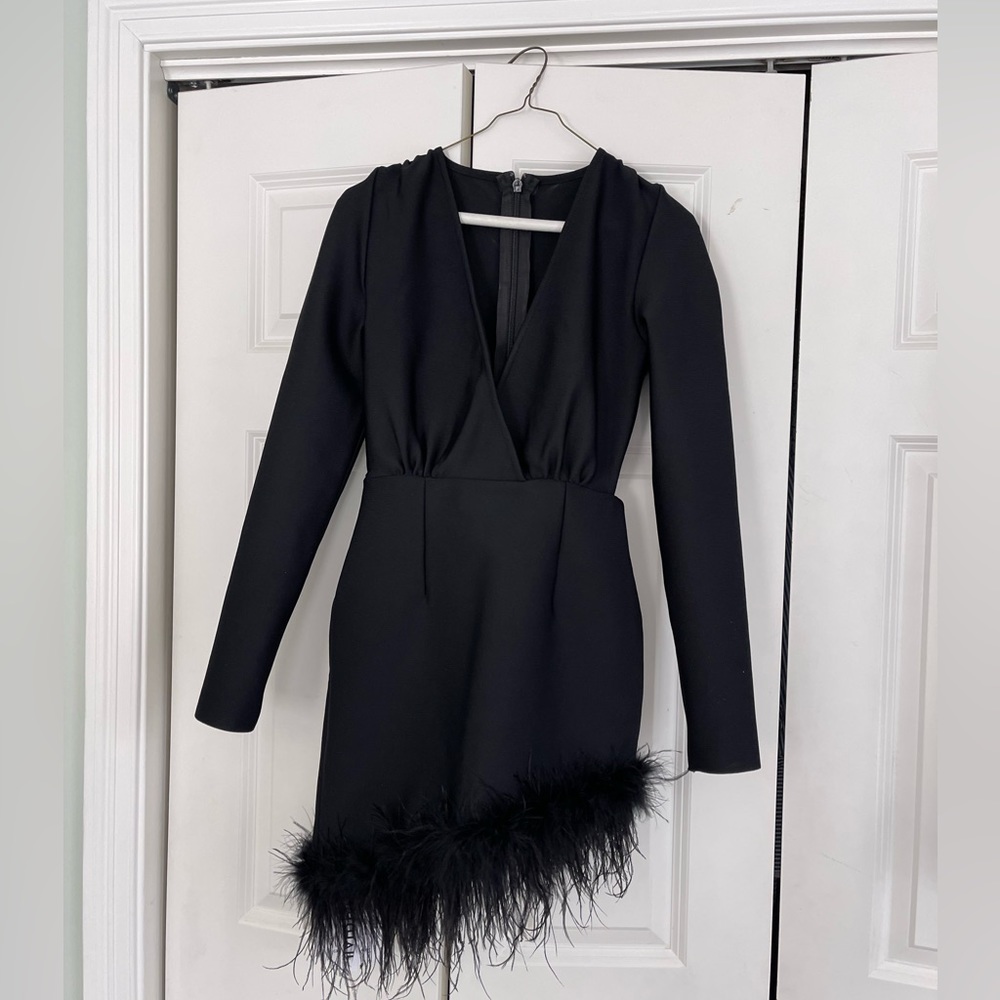 Plunging neck little black dress with feathers